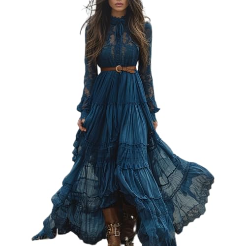 JIAALU Damen Kleider Vintage Rustikaler Stil Langes Boho Kleid Lässiges Maxikleid Blumenmuster Kleid Frühling Langarm Blumenkleid Blumenkleid