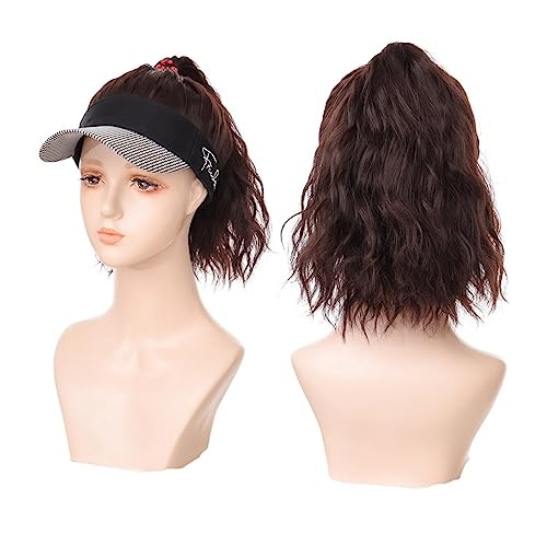 JUNXIAN Wig Cap Hat with Wig Attached Wave Curly Synthetic Long Hair Baseball Cap for Women Ponytail Extension Adjustable Hat Wig Hat(4)