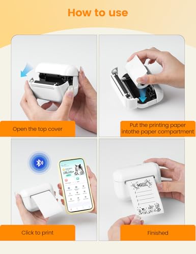 Memoking Tiny Printer mit 3 Aufkleberpapier Rollen, MiniDrucker für Smartphone, Tragbarer Mini Thermodrucker Q02E Bluetooth Mini Drucker Belegdrucker für Studiennotizen, Fotos, Erstellung, Geschenke