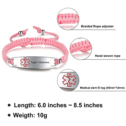 Jf.jewelry Diabetes Awareness Bracelet | Pre Engraved Type 1 Diabetes Medical Alert Id Bracelet For Boys And Girls | Cute Pink Rope Hand-Woven Bracelet Adjustable #TOP5