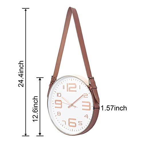 Amyzi 12 Inch Round Gold Wall Clock For Room Decor / Living Room / Kitchen / Bathroom / Office Decor Battery Operated Big Display With Pu Leather Belt #TOP2