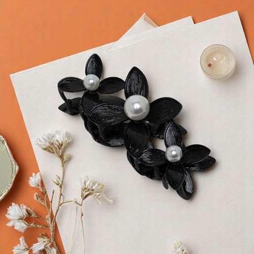 Image of Radhu & Kabby Antique Black Floral Hair Claw Clip for women | Pearl Embellished | Elegant Strong Hold Hair Accessory for Wedding, Party & Festive Styling | Pack of 1