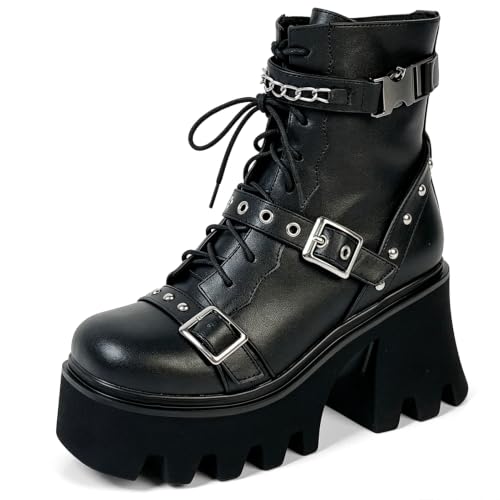 Image of MEOTINA Women Goth Boots Platform Chunky Heel Buckle Combat Ankle Booties | Edgy alt goth punk rave aesthetic for dress styling, rivets, lace up ,zip and lug sole design, black and white colors
