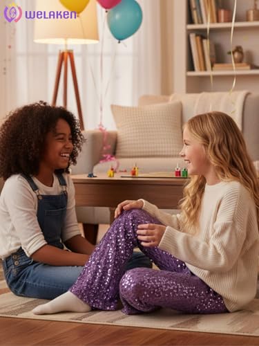 Image of WELAKEN Sequin Casual Pants for Girls with Lining Kids & Little Girl's Sparkling Trousers