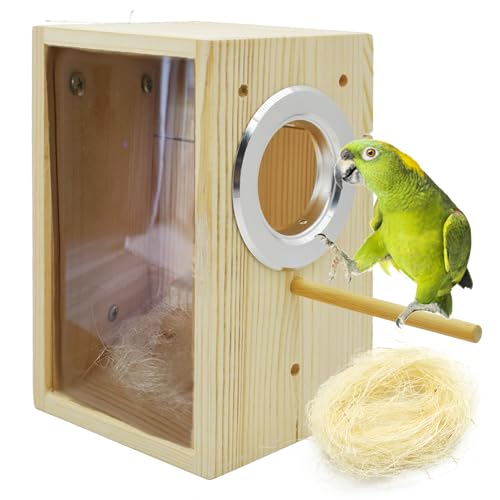 kathson Parakeet Nesting Box Transparent Bird House Bird Nest Box for Cage Parrot Nesting Boxes Wooden Breeding Box for Cockatiel Lovebirds Budgie Finch Canary(S)