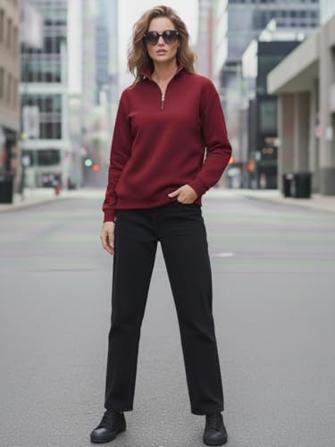 Image of LEOTUDE Women's Half Zip Sweatshirt | Boyfriend Loose Fit Winter Pullover (Black Color)