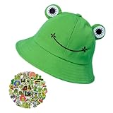 Frog Bucket Hat with 50 Stickers - Foldable Wide Brim Sun Hat for Adults and Kids, Perfect for Fishing and Outdoor Activities (Green,Adult)