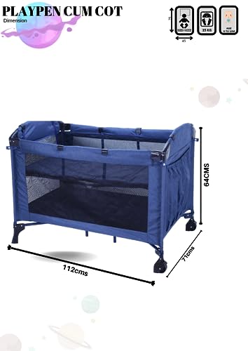 Image of Infanto Portable Baby Playpen Cum Cot with Travel Bag | Easy Fold Compact Design | 2 in 1 Functionality Crib | Double Layer Pad | Breathable Mesh Baby Bedside Crib with Playpen for Babies | Blue