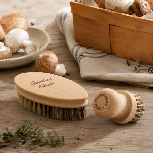 Foto von HOFMEISTER® Bürstenset aus Pilzbürste & Gemüsebürste – zur sanften Reinigung von Champignons und Gemüse, aus weichem Rosshaar, Fibre & Union und Buchenholz