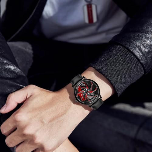 Image of FANMIS Men's Racing Car Wheel Watch 3D Spinning Dial Stainless Steel Watch | Creative 3D Spinning Car Quartz Large Skeleton Face and 30M Water Resistance Designed for Car Fans and Daily Wear.