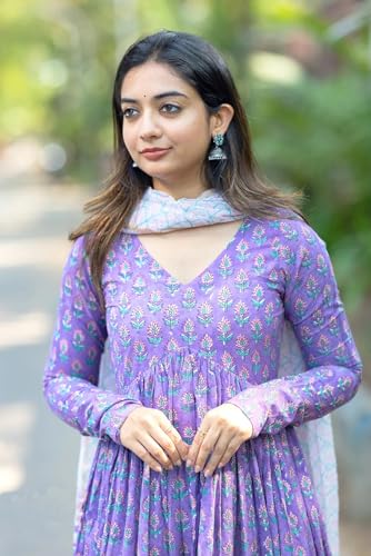 Image of Nermosa Women Printed Anarkali Kurta and Pant Set with Dupatta