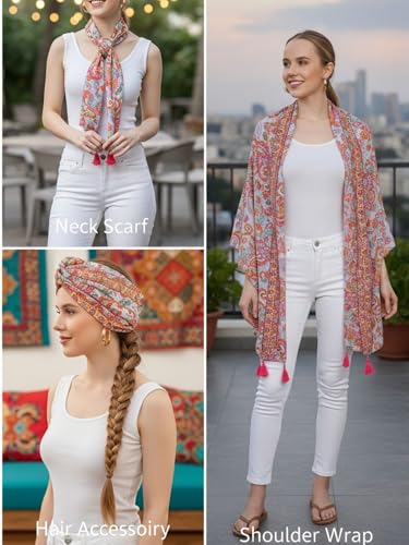 Image of KE KANHA EXPORT Women Scarf|Stole For Women|Scarf For Women Stylish|Stall For Women|Border Print Face Cover Head Wrap|Boho|Beach|Multicolor|180x50cm|Pack Of 1|FREE Scrunchie Included