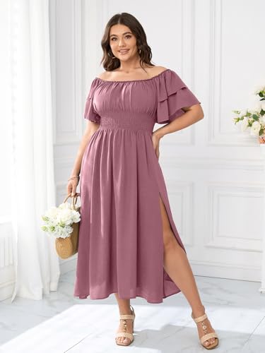 Image of Plus Size Maxi Dress Off The Shoulder Ruffle Smocked Wedding Guest Cocktail Slit Hem Flowy Dresses for Curvy Women