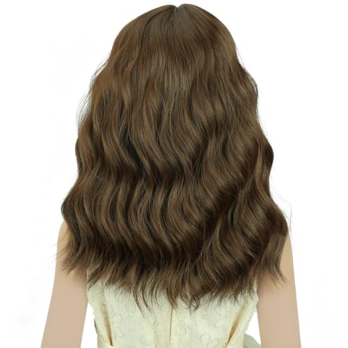 Image of Brown Wig Short Brown Wavy Curly Wigs Wig with Air Bangs Synthetic Cosplay Hair Wigs