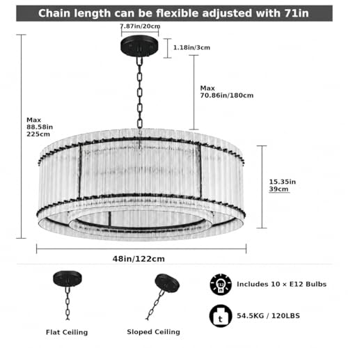 Image of 48-Inch Ripple Glass Chandelier, 2-Tier 10-Light Large Black Round Chandelier for Dining Rooms, Living Rooms, Foyers, Staircases, Open-Concept Spaces & High Ceiling
