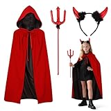 Niña Disfraz Demonio para Carnaval,90/120 cm Capa Doble＆Cuernos＆Bastón,Capa Roja y Negra Disfraz de Demonio para Carnaval Disfraces Accesorios de Diablo Fiesta Cosplay
