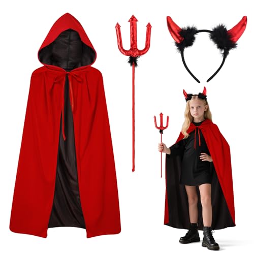 Menina disfarce para carnaval, 90/120 cm camada dupla & chifres, capa vermelha e preta disfarce de para carnaval disfarces acessórios de festa cosplay