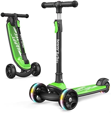 besrey Kinder-Scooter – Big Wheels Faltbarer Tretroller mit blinkenden LED-Lichtern für Jungen und Mädchen, 4 Stufen höhenverstellbarer Roller, breites Deck Scooter für Kinder im A