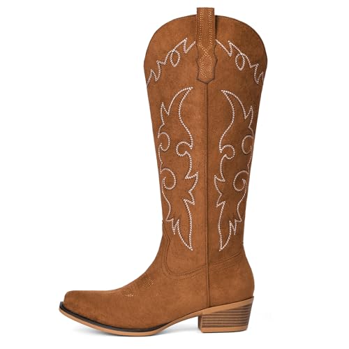 Image of Suede Cowboy Boots for Women Knee High Western Cowgirl Boots | Pointed Toe Low Heel Classic Embroidered Boot