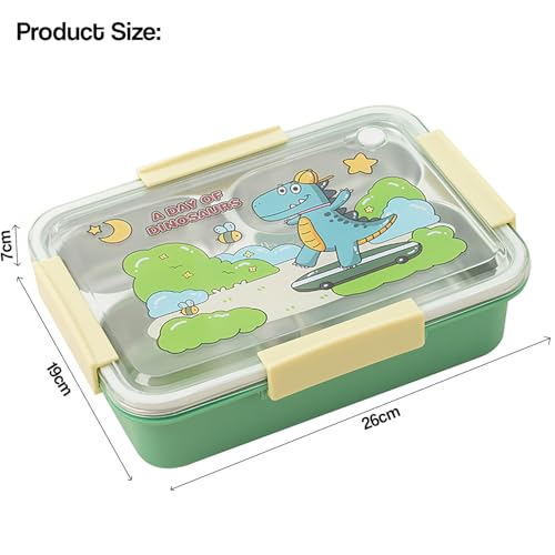 Image of House of Quirk 304 Stainless Steel Kids Lunch Box | Cartoon Design, Leakproof & Odor-Resistant | Portable Bento Box with Compartments for School (Dinosaur Green)