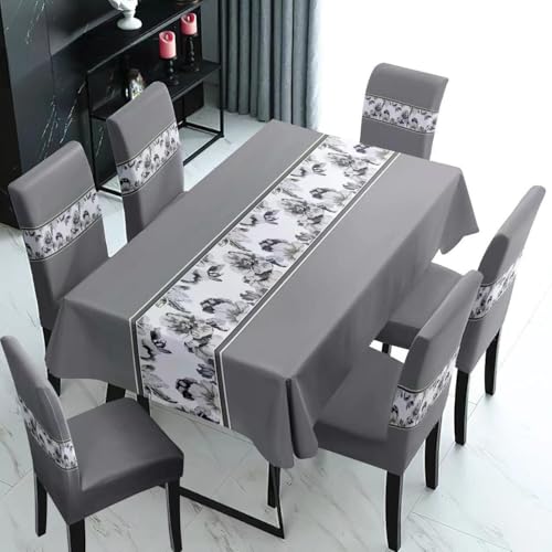 Image of Styleys Polyester Dining Chair Cover with Table Covers for Kitchen Waterproof Dining Table Cloth (1 Table Cover + 6 Chair Cover, Grey Flower, K716), Rectangular