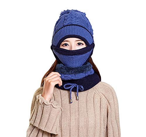 Winter Hat Scarf Gloves Set For Women Girls Knitted Beanie Scarf Mouth Cover Set Fleece Lining Pompom Neck Warmer Face Cover For Outdoor Skiing #TOP3