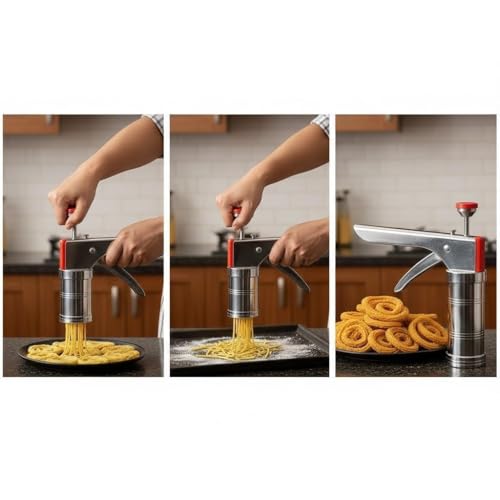 Image of theaoo Stainless Steel Murukku Maker Machine Idiyappam Maker Chakli Maker Machine Steel Sev Maker Machine for Home Noodles Maker Namkeen Maker Machine Paper (Pack of 1)