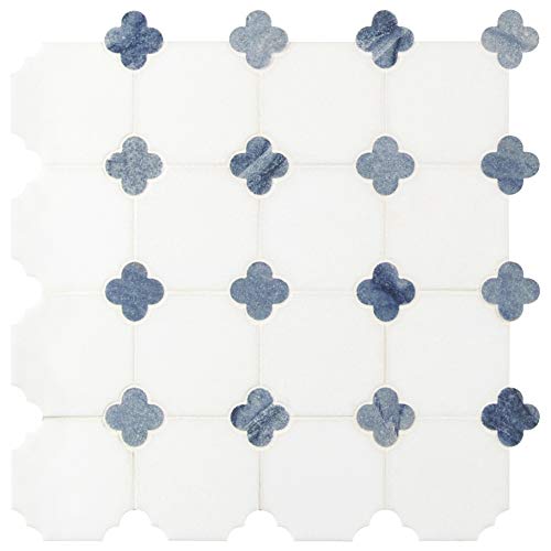 Msi Amz-Md-00230 Azula Floret X 12 In. Geometric Squares Polished Marble Mesh-Mounted Mosaic Wall Bathroom, Floor Tile And Kitchen Backsplash, Warm White, Blue, 10 Feet #TOP2