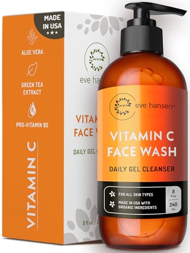 Vitamin C Cleanser Face Wash - HUGE 8 oz Gentle Facial Cleansing Gel for Uneven Skin Tone, Age Spots and Fine Lines - Natural Face Soap with Aloe Vera, Green Tea, Ginseng