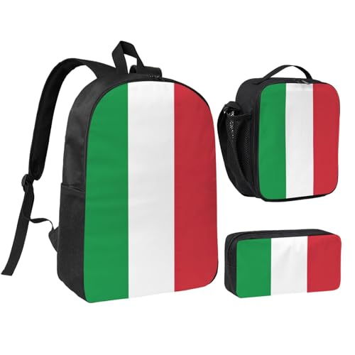 Sac à dos voyage 43 cm et boîte à déjeuner noire avec trousse à crayons imprimé drapeau italien