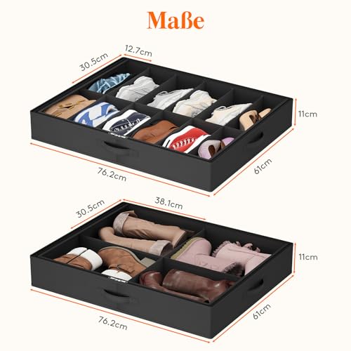 Lifewit Unterbett-Schuh-Organizer, 2er-Pack (12 Paar + 4 Paar), 10,9 cm hohe Stoff-Schuhbehälter, faltbare Schrank-Schuhtasche mit 2 verstärkten Griffen und transparenter Abdeckung, Schwarz