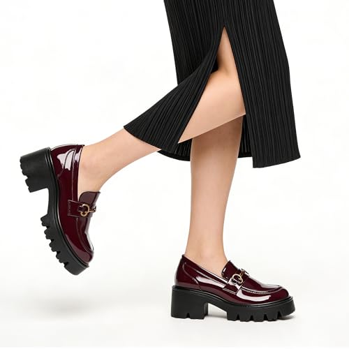 Image of Black Platform Loafers for Women - Women's Slip-On Leather Loafers, Chunky Comfort Shoes for Work & Dressy Occasions