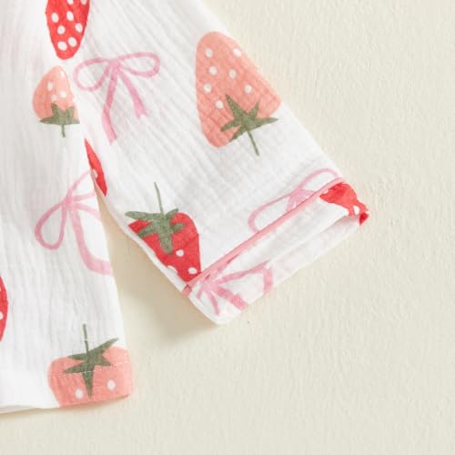 ZZLBUF Toddler Kids Baby Girl Pajamas Strawberry Bow Long Sleeve Button Shirt Top and Pajama Pant 2Pcs Pjs Set Sleeepwear (Strawberry Bowknot White, 2-3 Years) - Image 4