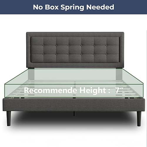 IULULU Full Bed Frame, Upholstered Platform Bed Frame with Linen Fabric Headboard, Full Size Mattress Foundation with Wooden Slats Support, Easy Assembly, No Box Spring Needed, Dark Grey - Thumbnail 6
