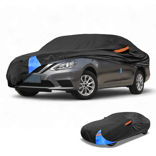Image of Waterproof All-Weather Universal Car Cover with Right Side Zipper, 190T Polyeste Black Blue Fits for Sedan 190 inch to 198 inch Length