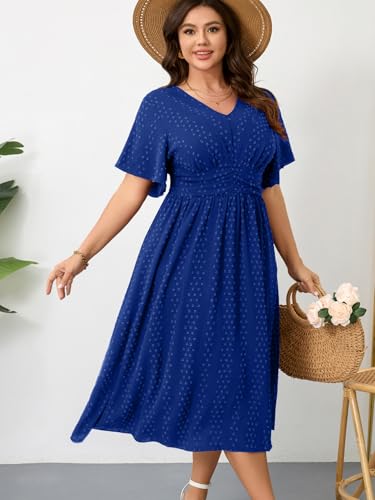 Image of RWJ Women's Plus Size Maxi Dress V Neck Short Sleeve Swiss Dot A Line High Waist Boho Swing Casual Summer Dresses