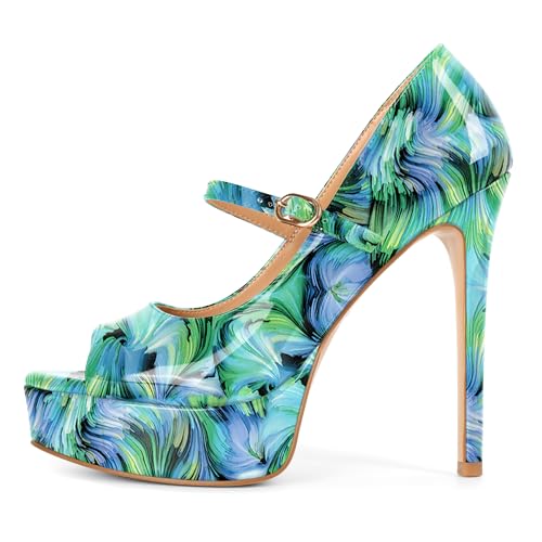 Image of SAMMITOP Women's Peep Toe High Heels Platform Stiletto Pumps Patent Mary Jane Heels 5.5 inch Party Wedding Dress Shoes