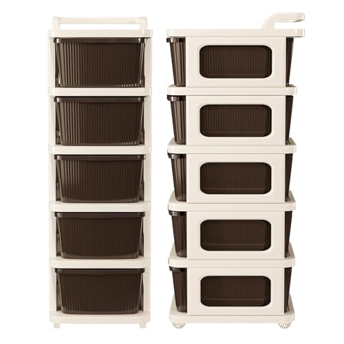 Image of KITCHIVO Heavy Duty Plastic Storage Drawer with Wheels | Modular Cabinet for Bedroom, Office, Home or Classroom| Chest of Drawers Organiser for Cosmetics, Kitchen items, Toys (Brown, 5)