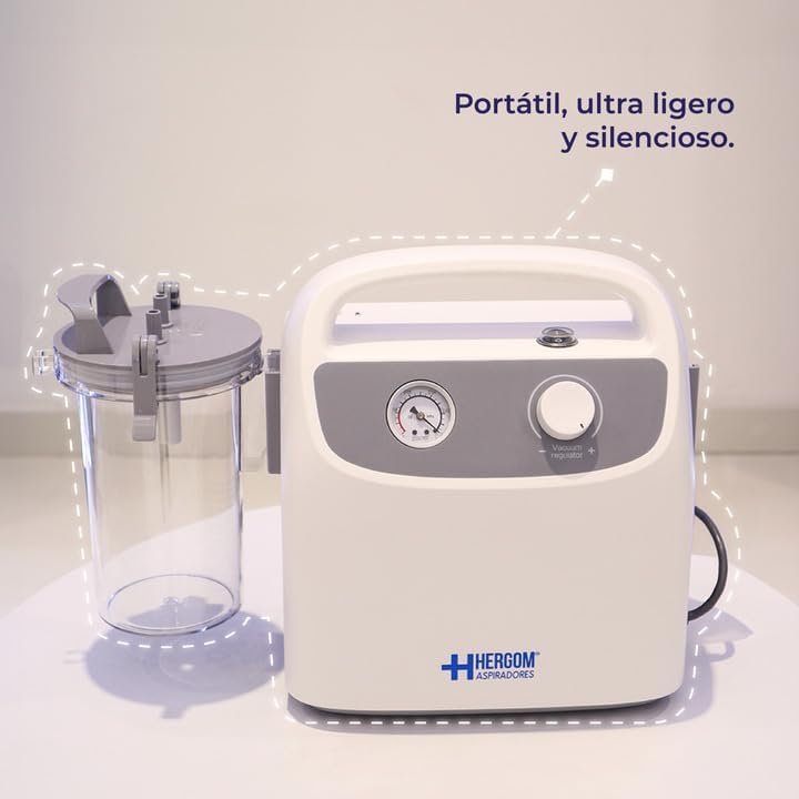 HERGOM 7E-B Portable Suction Machine, emphasizing its portability, lightweight nature, and quiet operation.