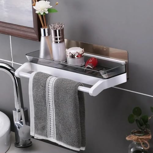 Image of Xmart India No Drilling Bathroom Storage Shelf with Towel Bar, Wall Mounted Storage Rack with Towel Holder, Self Adhesive Plastic Shelf for Shampoo, Soap, Cosmetics & Kitchen Use