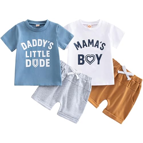 Koecnoc Baby and Toddler Boys 4-Piece Clothes Set 2-Pack Cotton Short Sleeve Graphic T-Shirts & Shorts Summer Outfit 18 Months
