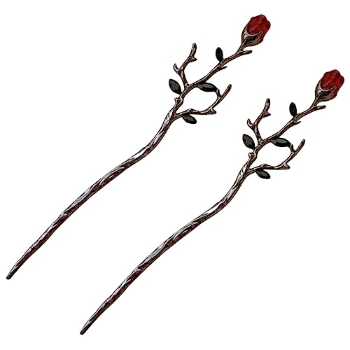 NOLITOY 2個 バラの枝のかんざし お花のヘアアクセサリー バラの花の髪 中国のヘ ック お団子用ヘ ック 黒薔薇のヘアピン 花の髪のフォーク 花髪箸 合金 Dark Grey