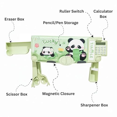 Image of Sanghariyat Magnetic Multifunctional School Pencil Box with Calculator Cute Cartoon Stationary Large Capacity Compass Geometry Kids Scissor Ruler Eraser Magnetic Box Best Gifts (Panda Calculator)