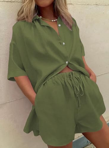 Image of Fixmatti Women 2 Piece Outfits Long Sleeve Button Down Blouse and Shorts Sweatsuit Sets