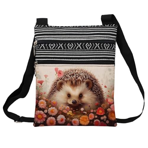Floral Hedgehog Messenger Bag Small Ethnic Pattern Printed Adjustable Strap Crossbody Zipper Bag Floral Hedgehog Phone Bag Wallet Cute Shoulder Handbag for Women Friends -2
