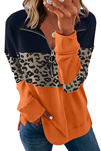 SHEWIN Womens Zipper Sweatshirts Long Sleeve Lapel Color Block Lightweight Tunic Sweatshirt Pullover Tops Shirts,US 12-14(L),Blue,Leopard,Orange