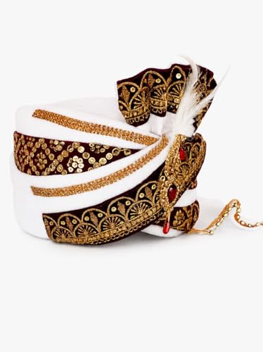 Image of BookMyCostume Dulha & Royal Wedding Turban Collection - Premium Silk, Velvet, Zari Work Safa with Kalgi & Brooch - Traditional Indian Dulha Pagdi /Sehra Perfect for Weddings & Role Plays for Men & Kids