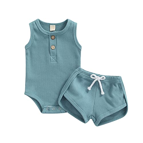 Image of Ledy Champswiin Summer Newborn Baby Boy Girl Clothes Set Ribbed Outfits Unisex Infant Solid Short Sleeve Tops Shorts 2PCS