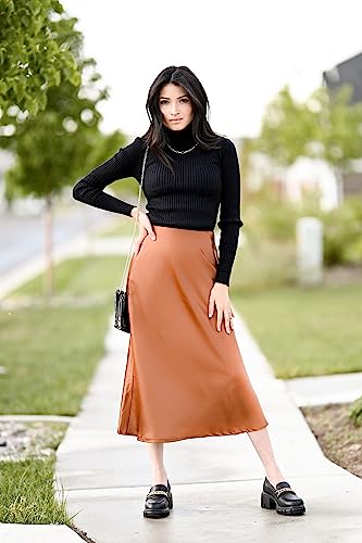 Hotouch Women's Stain Midi Skirts High Waisted Solid Zipper Flowy Cute Summer Skirts Brown #TOP1
