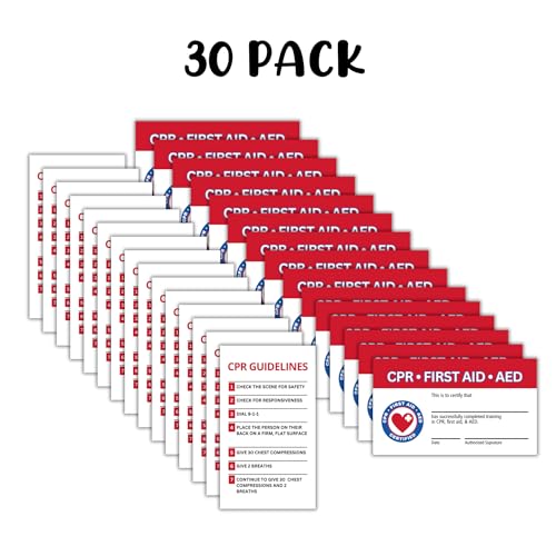 Image of Lashicorn CPR and First Aid AED Certification Cards | 30 pk 2x3.5 inch Wallet Sized Business Paper Quick Reference Guide Fill Out Name Training Certificate